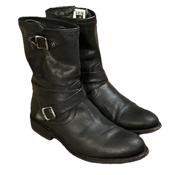 Frye Jayden Cross Engineer Moto Boots Womens Size 7.5 Black Leather Buckle Strap - Picture 4 of 16